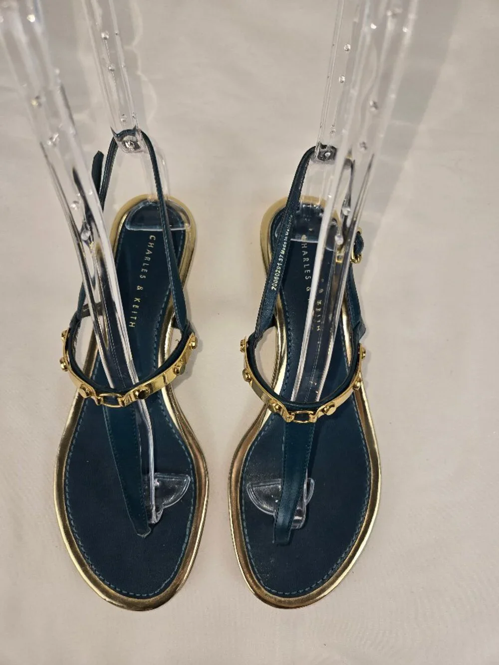 Charles & Keith Size 37 (US 7) Teal Gold Accent Leather Sandal Ankle Strap